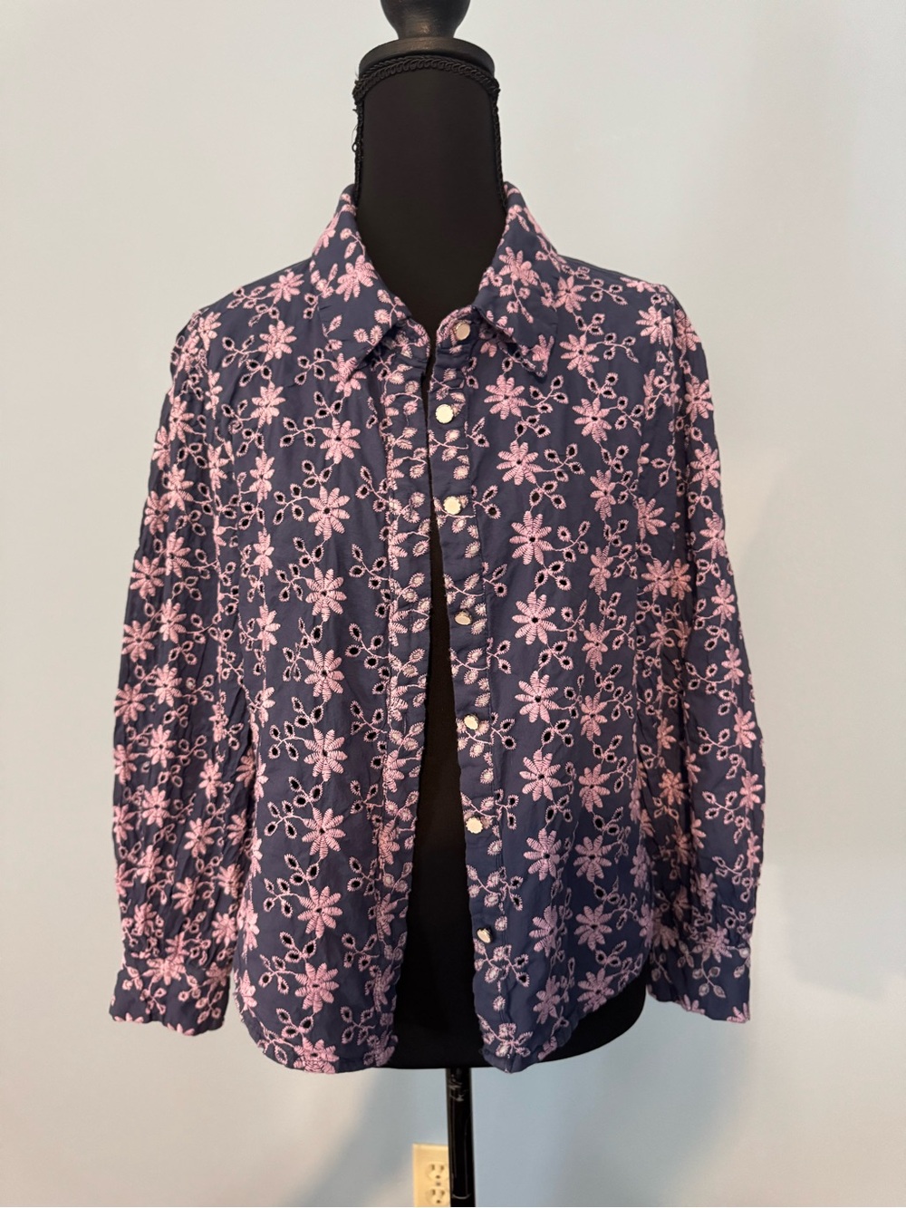 Alice Blue Navy Jacket with Pink Floral Eyelet Embroidery